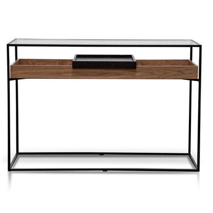 Walnut Console Table with Black Tray - Metal Frame