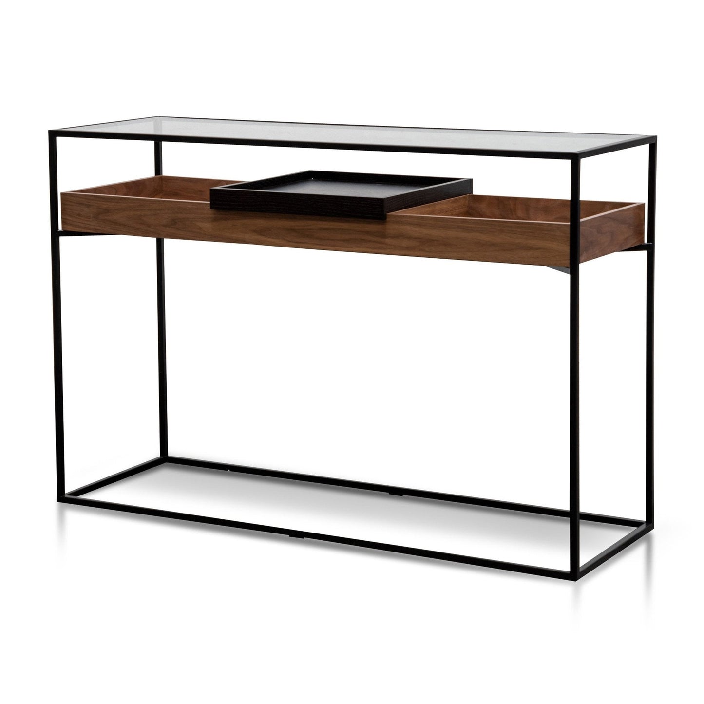 Walnut Console Table with Black Tray - Metal Frame