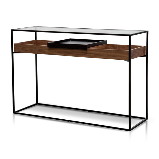 Walnut Console Table with Black Tray - Metal Frame