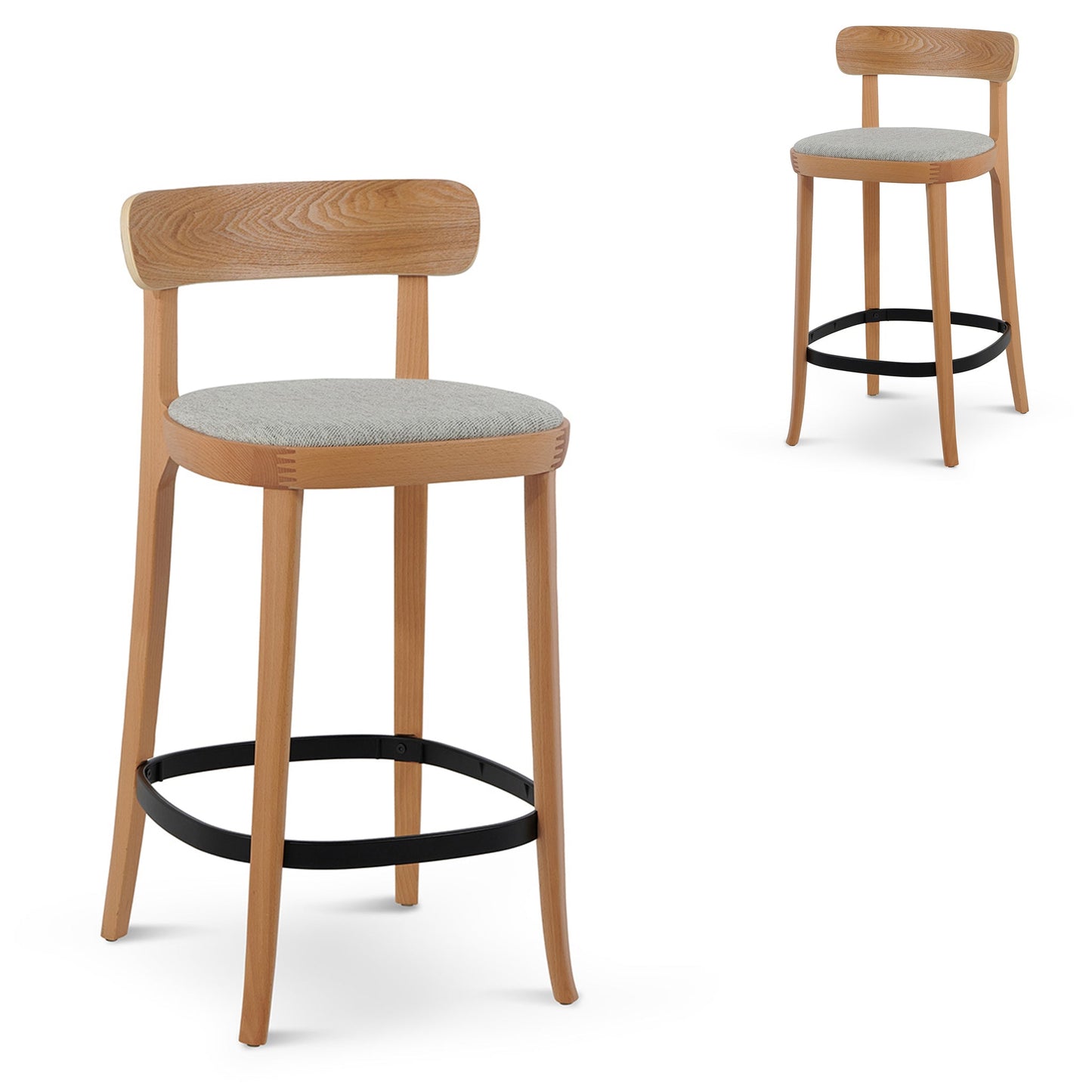 Natural Bar Stool with Grey Seat - Set of 2 (65cm)