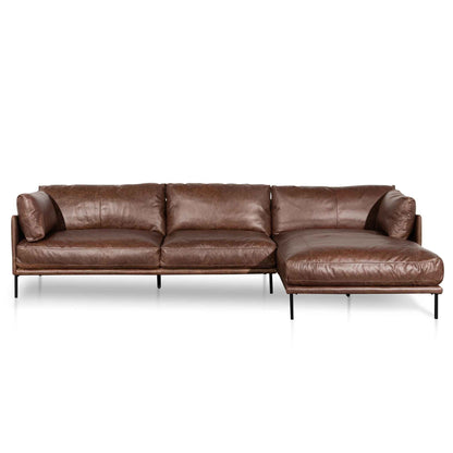 Four-Seater Right Chaise Leather Sofa - Dark Brown