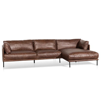 Four-Seater Right Chaise Leather Sofa - Dark Brown