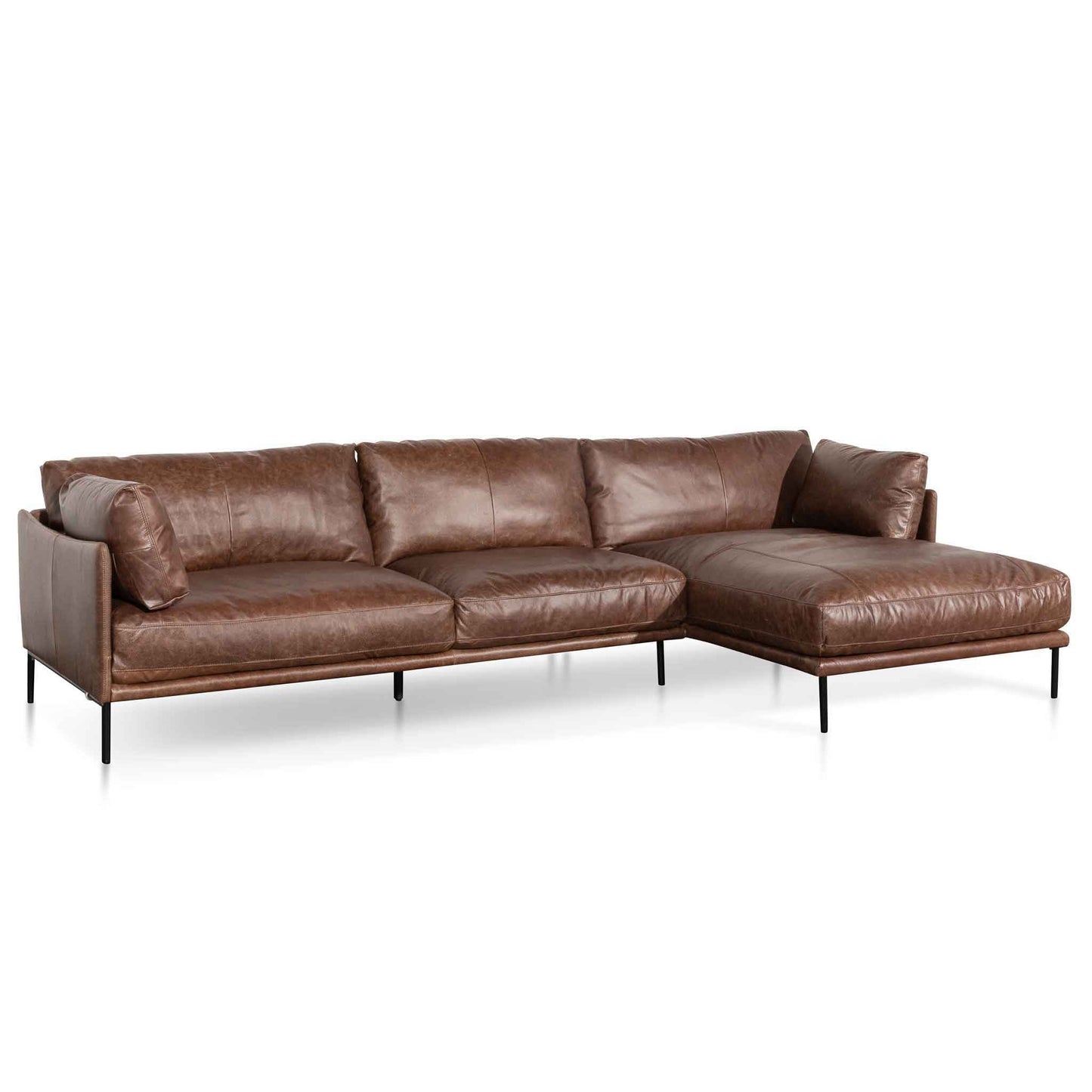 Four-Seater Right Chaise Leather Sofa - Dark Brown