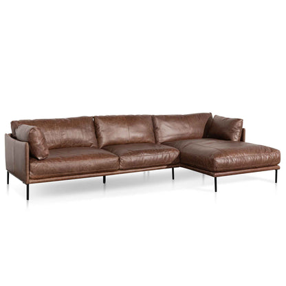 Four-Seater Right Chaise Leather Sofa - Dark Brown