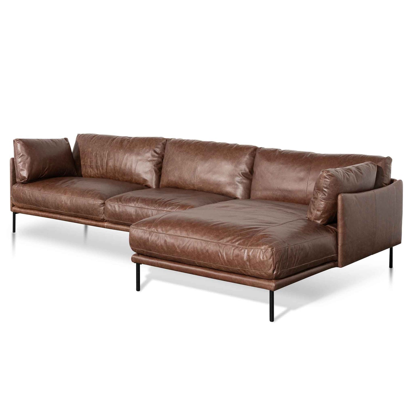 Four-Seater Right Chaise Leather Sofa - Dark Brown