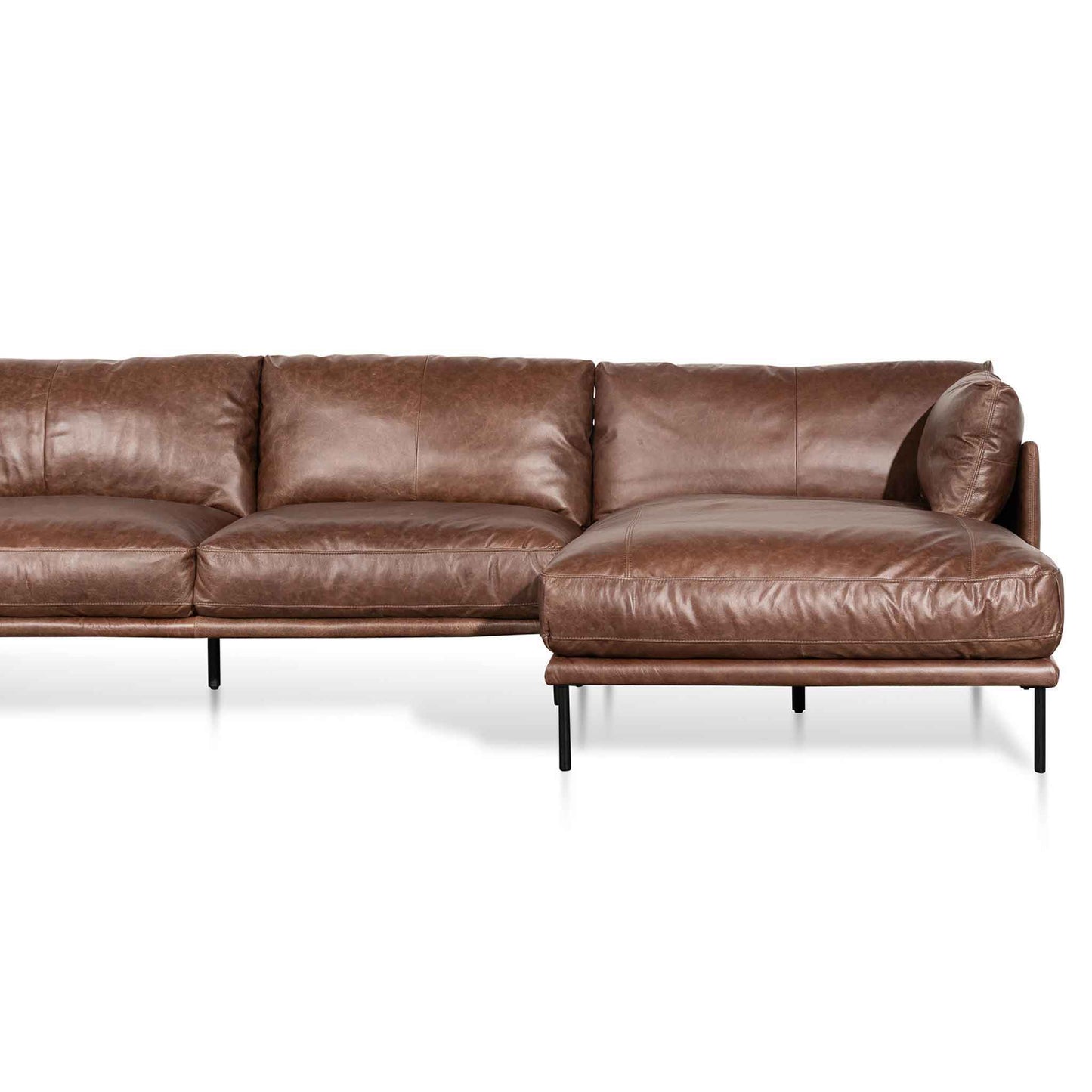 Four-Seater Right Chaise Leather Sofa - Dark Brown