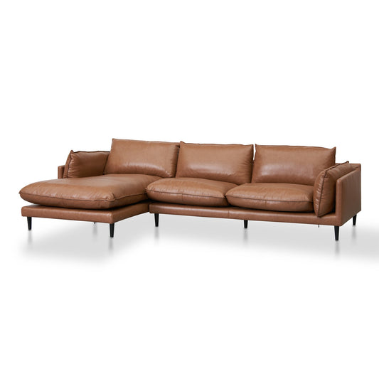 Four-Seater Left Chaise Leather Sofa - Caramel Brown