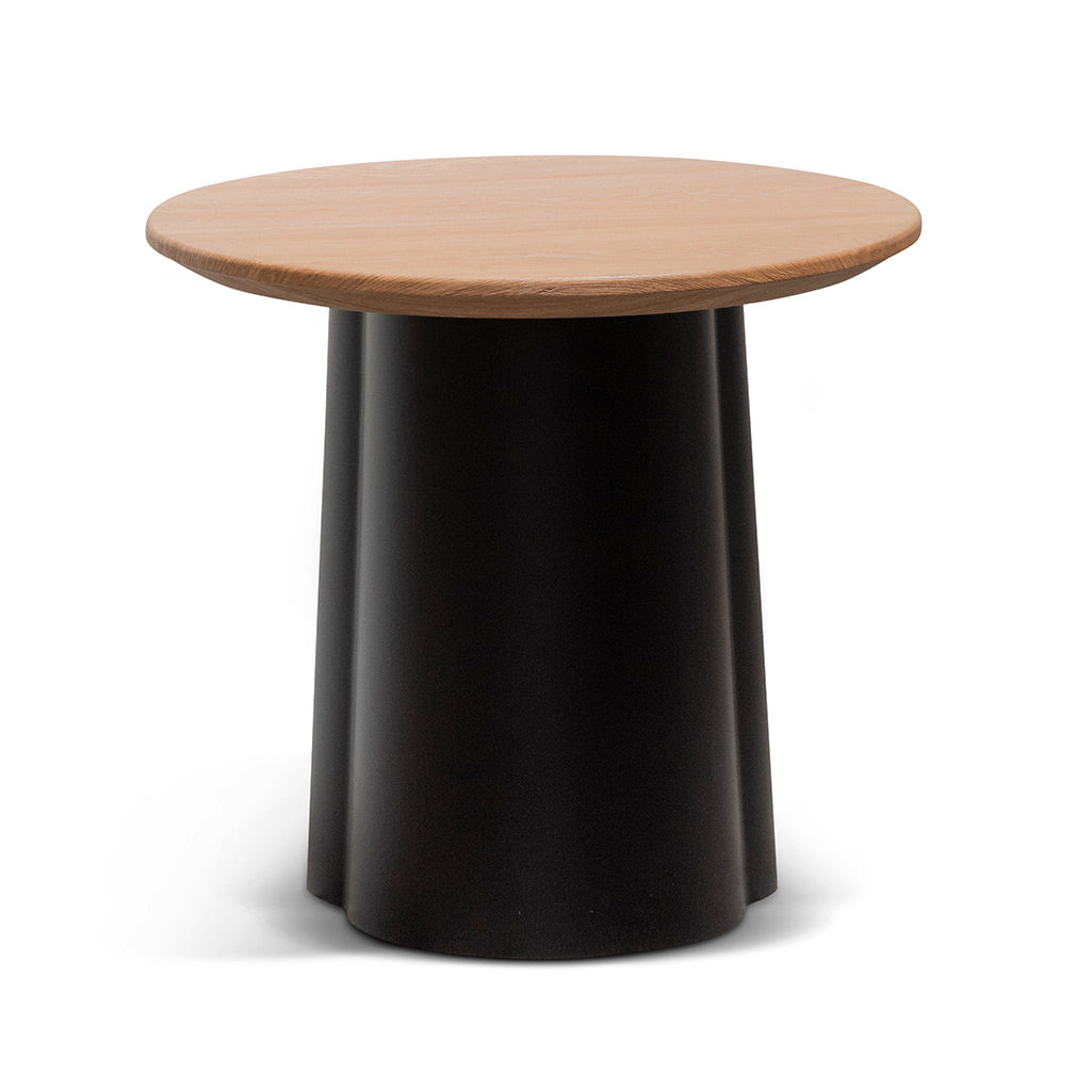 Round Black Side Table with Natural Top