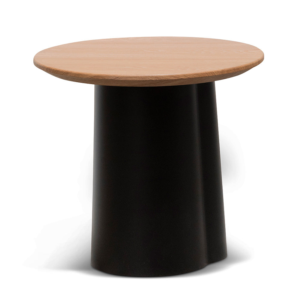 Round Black Side Table with Natural Top