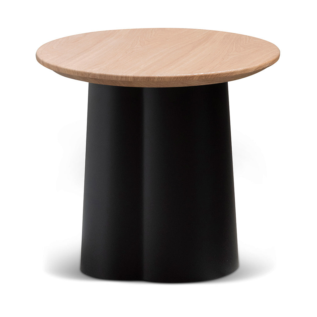 Round Black Side Table with Natural Top