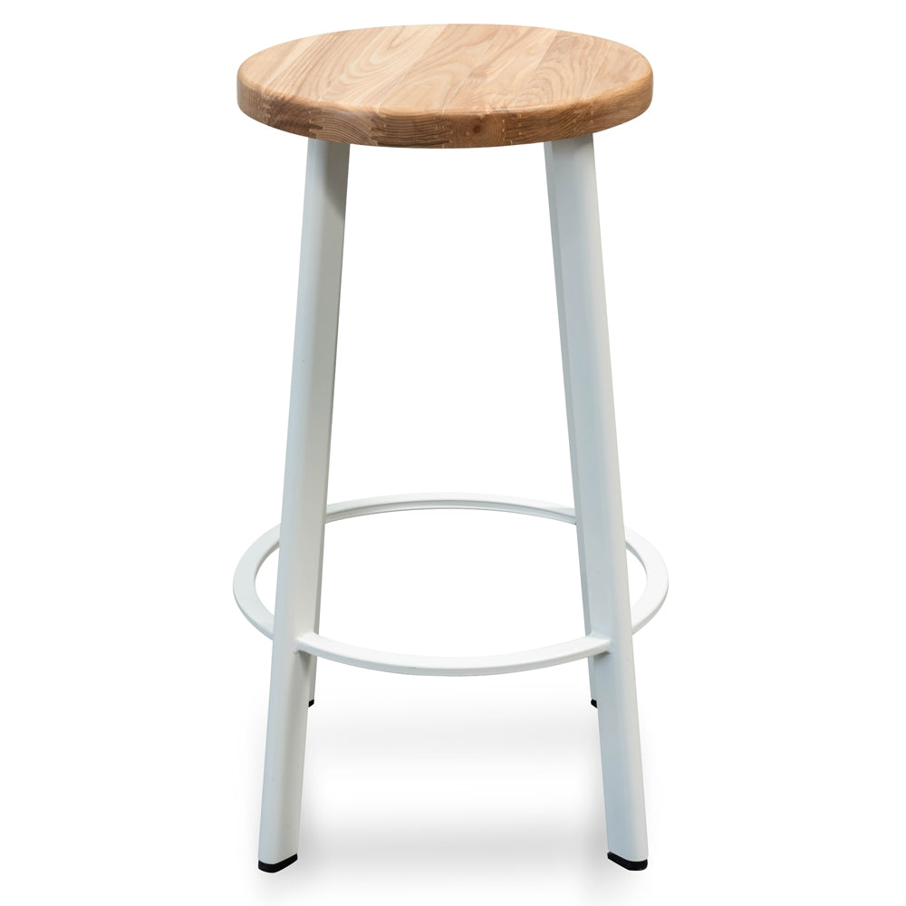 White Frame Bar Stool with Natural Timber Seat (65cm)