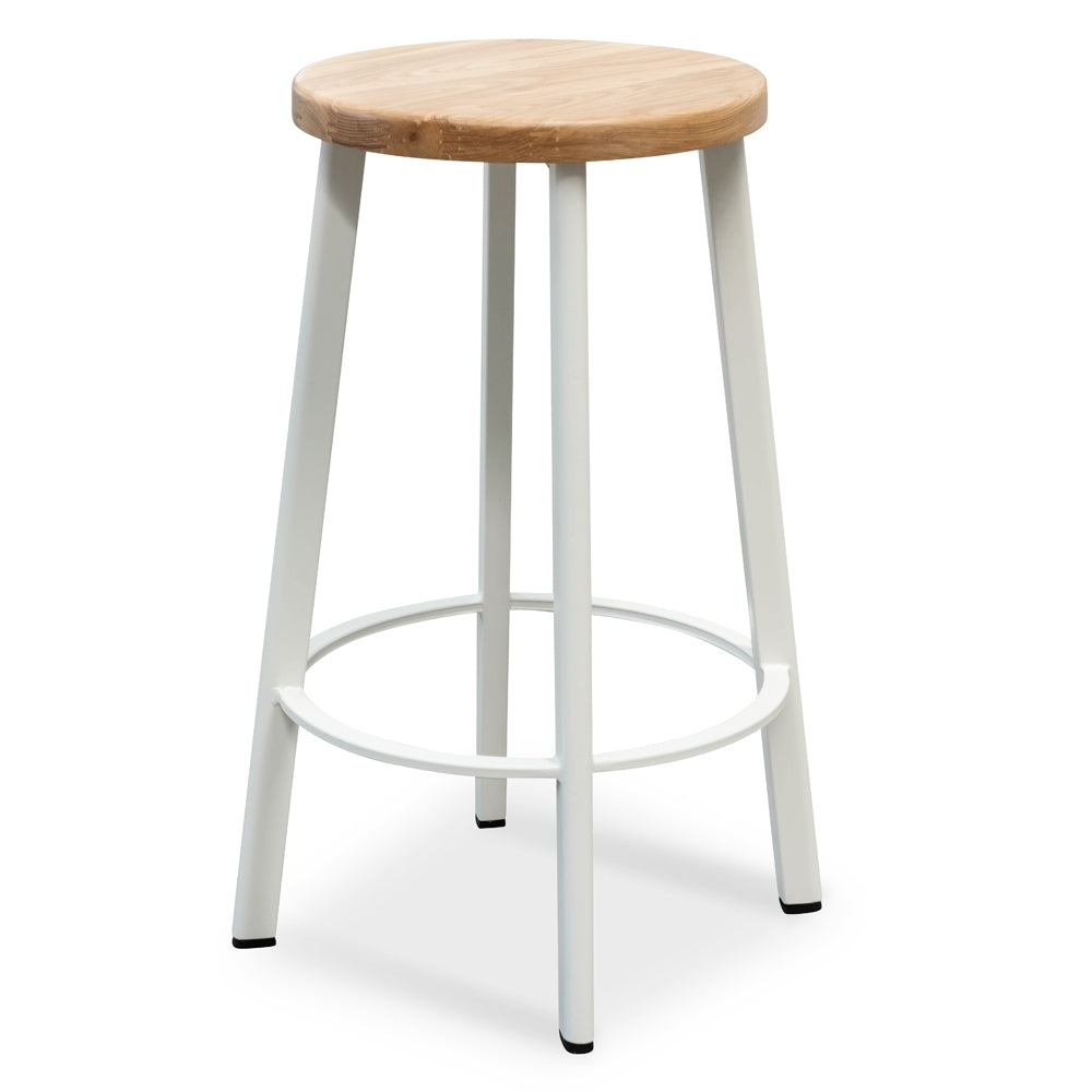 White Frame Bar Stool with Natural Timber Seat (65cm)