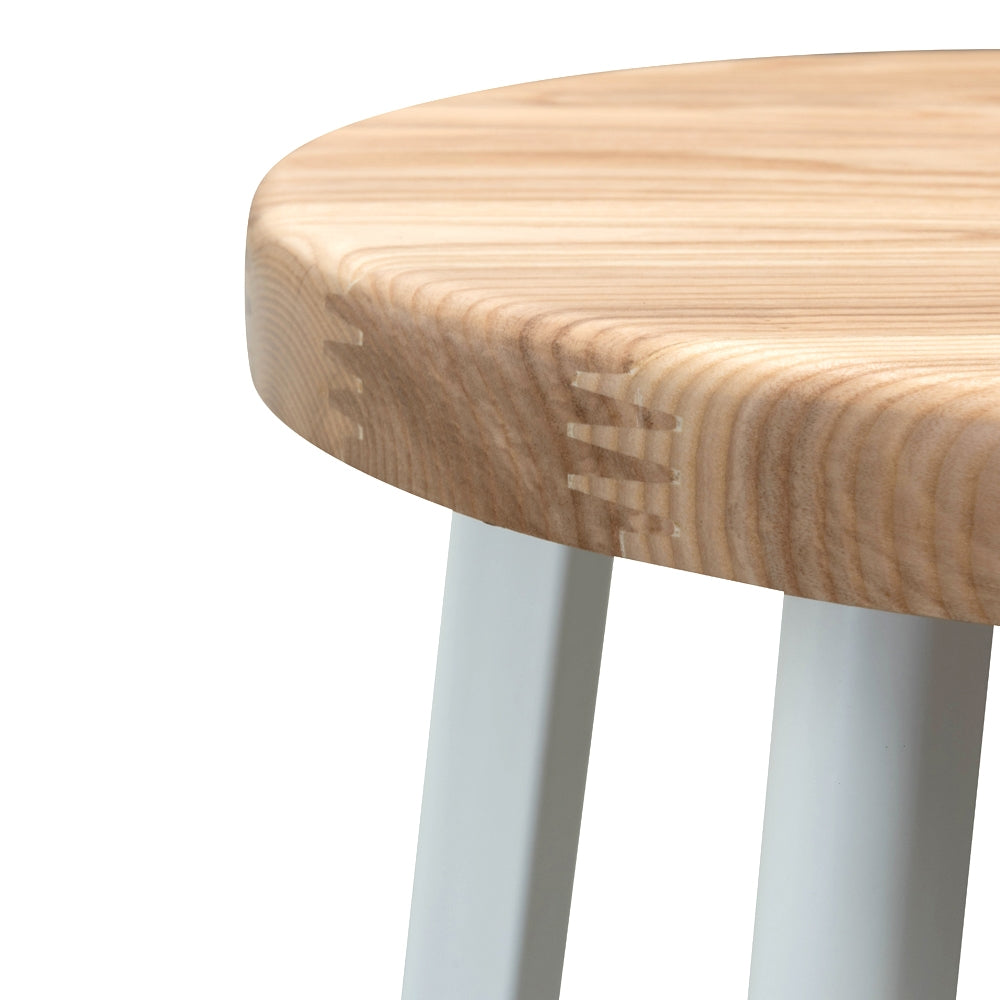 White Frame Bar Stool with Natural Timber Seat (65cm)