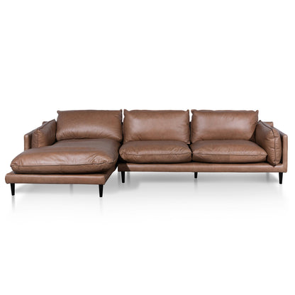 Four-Seater Left Chaise Leather Sofa - Saddle Brown