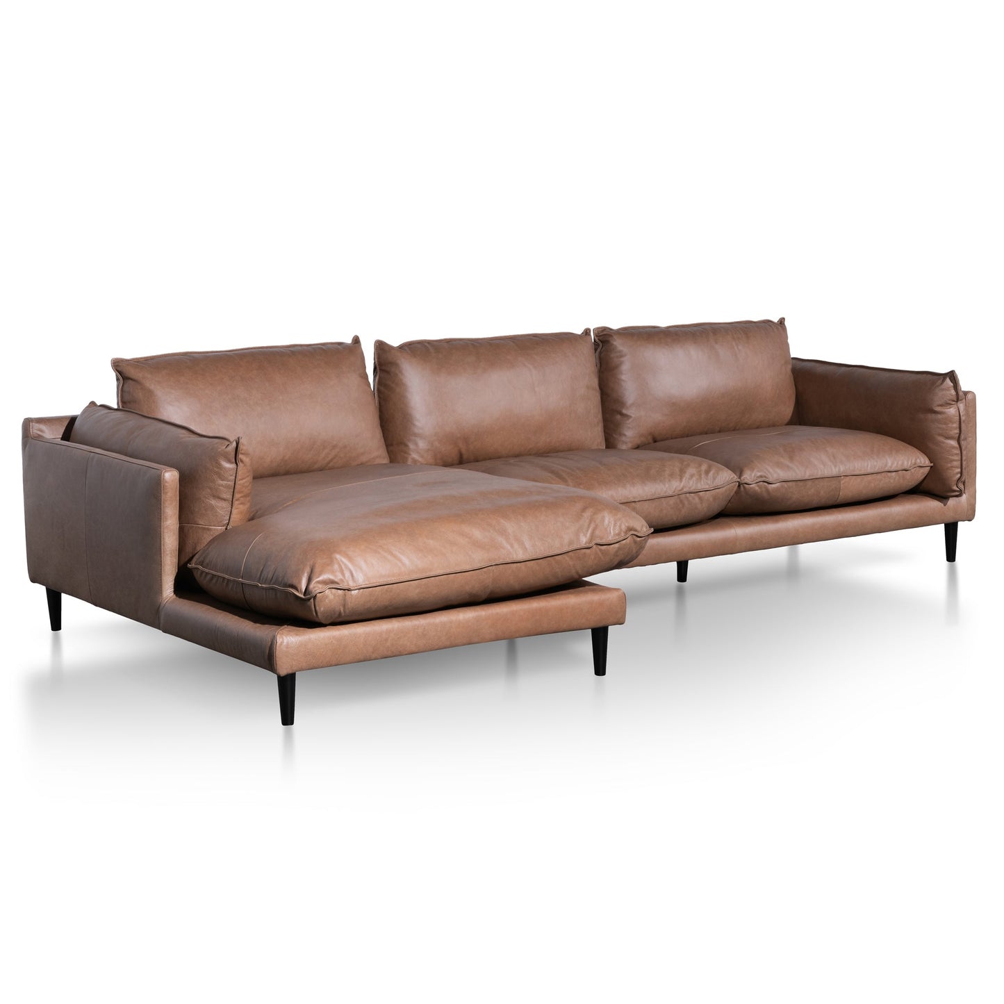 Four-Seater Left Chaise Leather Sofa - Saddle Brown