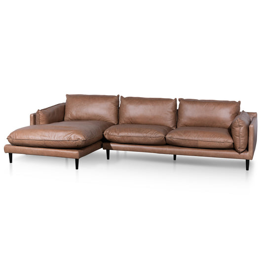 Four-Seater Left Chaise Leather Sofa - Saddle Brown